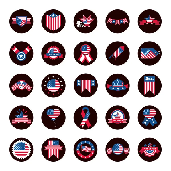 4:e juli självständighetsdag, firande ära minnesmärke amerikansk flagga ikoner sätta block och platt stil ikon — Stock vektor