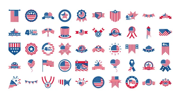 7月4日独立纪念日，庆祝荣誉纪念美国国旗图标设置平面风格图标 — 图库矢量图片