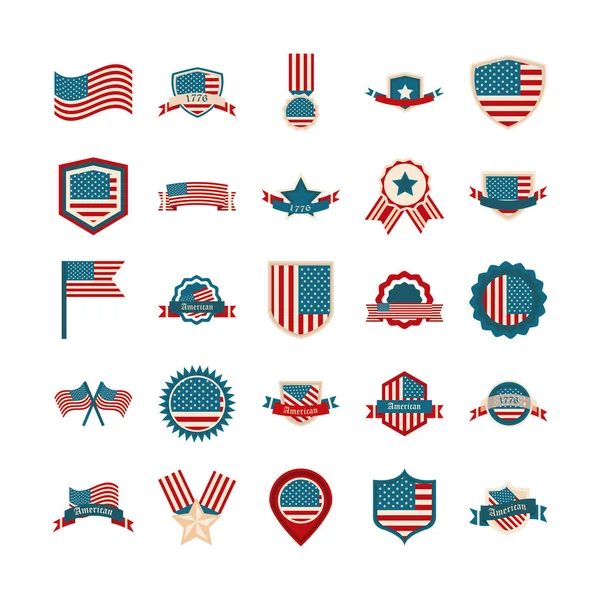 Happy independence day, american flag national freedom patriotism icons set flat style — Stock Vector