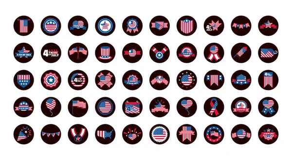 Dia da independência de 4 de julho, comemoração memorial ícones bandeira americana definir bloco e ícone de estilo plano — Vetor de Stock