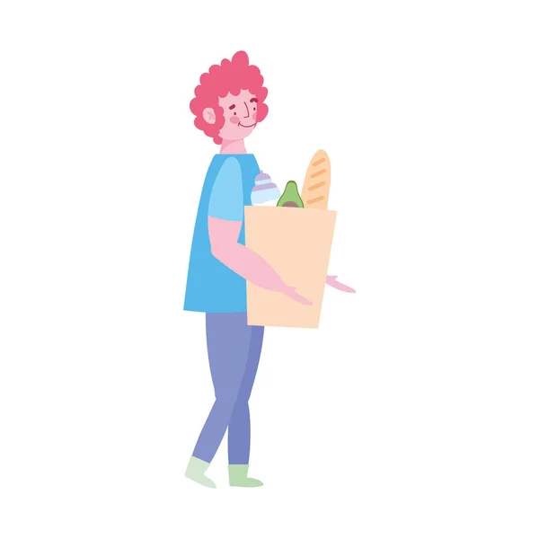 Mladý muž nesoucí papírový sáček potraviny s izolovaným designem potravin — Stockový vektor