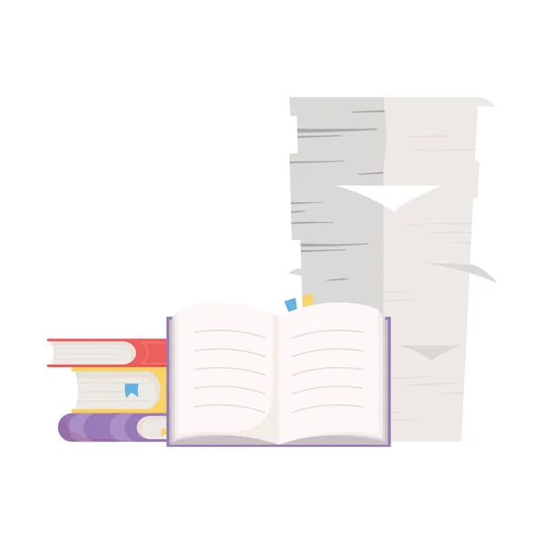 Apilar libros y pila de papel oficina aislado icono de diseño — Vector de stock