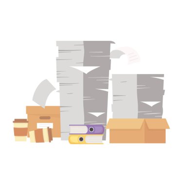 İş stresi, belge yığını, kitap kutuları ve kahve fincanları.