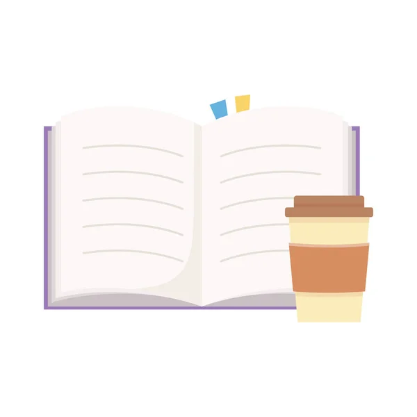 Taza de café de papel para llevar y libro abierto diseño icono aislado — Vector de stock