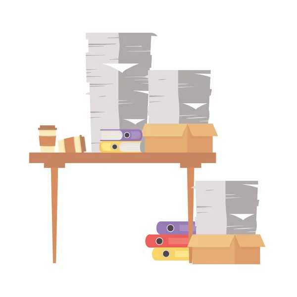 Estresse no trabalho, empilhados de papéis caderno caixas de papelão copos de café e mesa — Vetor de Stock