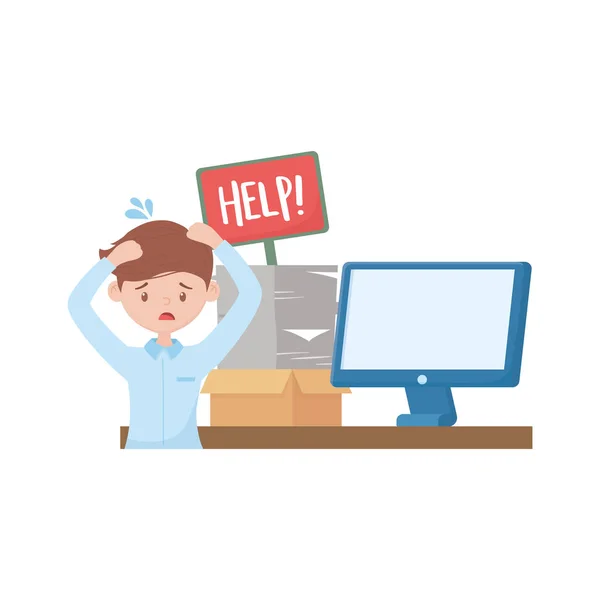Stress au travail, homme inquiet avec la pile de documents informatiques tableau d'aide — Image vectorielle