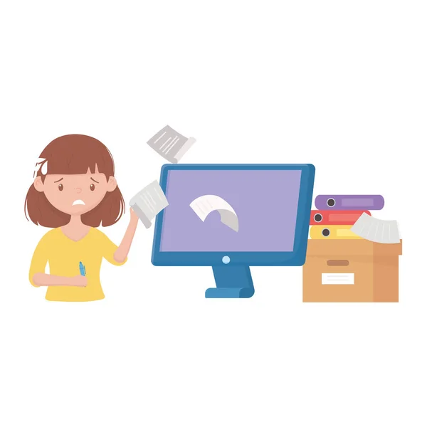 Stress i arbetet, kvinnlig arbetare på kontoret med papper dator och box bindemedel — Stock vektor