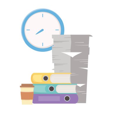 İş stresi, gazete yığını kahve fincanı ve saat.