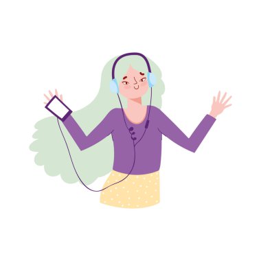 Akıllı telefonu ve kulaklığı olan genç bir kız müzik dinliyor.