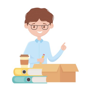 İş stresi, kalem kitapları ve kahve fincanı olan iş adamı.