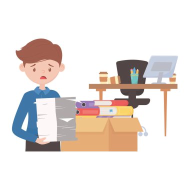 İşte stres, ofiste bir sürü kağıt klasörlü masa başı bilgisayarı olan üzgün bir çalışan.