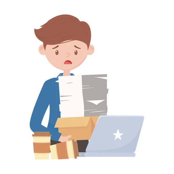Stress au travail, employé stressé portant des papiers empilés, tasses à café et bureau d'ordinateur portable — Image vectorielle