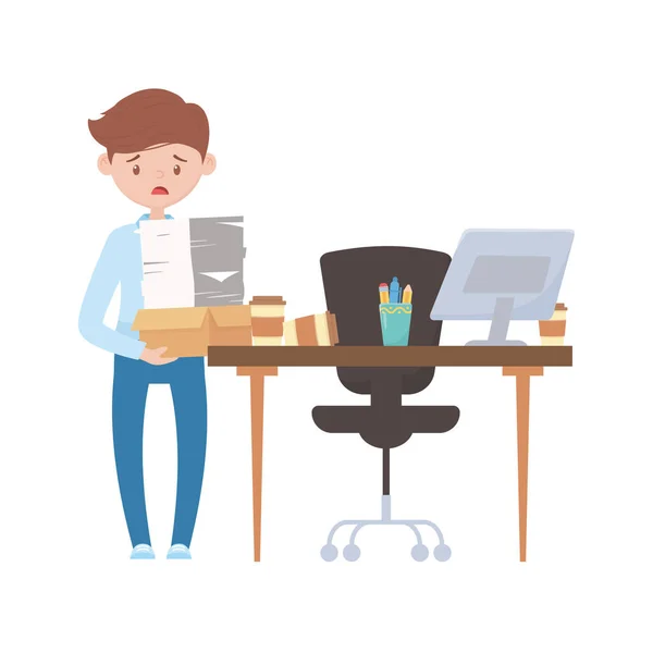 Stressz a munkahelyen, stresszes alkalmazott cipelés halom papírt irodai íróasztal szék laptop — Stock Vector