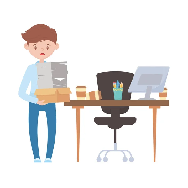 Stress au travail, homme d'affaires travaillant sur bureau et employé avec pile de draps — Image vectorielle