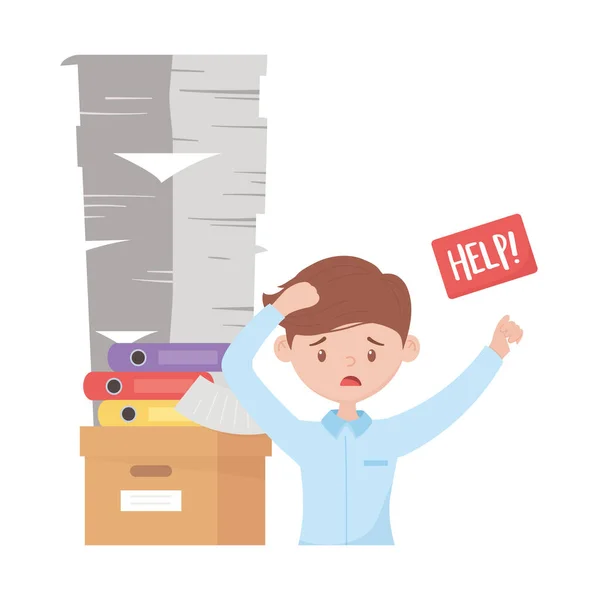 Stress op het werk, gespannen werknemer met hulp aan boord stapel documenten bindmiddelen op doos — Stockvector