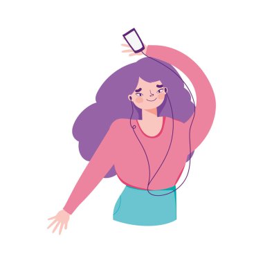 Akıllı telefonu ve kulaklığı olan genç bir kız müzik dinliyor.