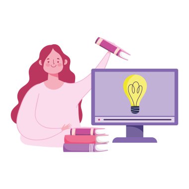 çevrimiçi eğitim, bilgisayarlı öğretmen ve kitap yığını