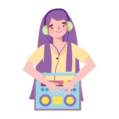 Müzik dinleyen, kulaklıklı kız teybe bağlı.