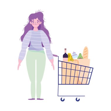 Alışveriş arabası ve yiyecek marketi olan kadın karakterler.