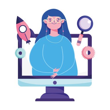 Online eğitim, gözlüklü bilgisayar öğrencisi öğrenme