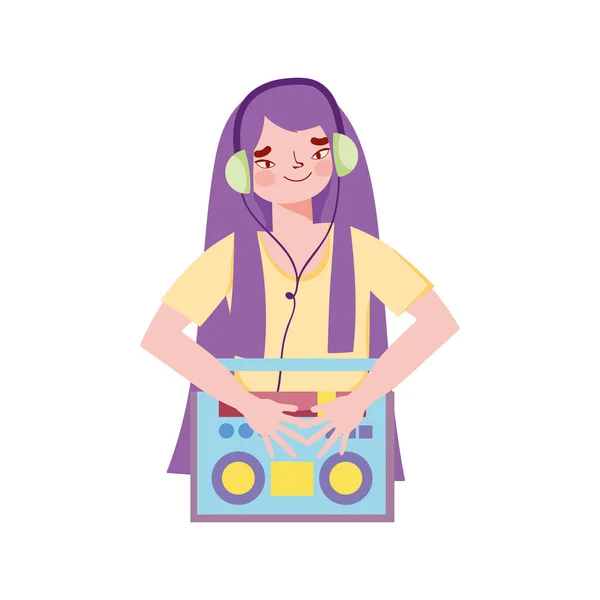 Дівчина слухає музику з навушниками, підключеними до стереосистеми бумбоксу — стоковий вектор