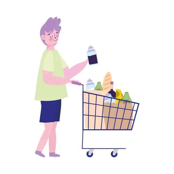 Menschen horten Einkauf, junger Mann mit Einkaufswagen Lebensmittel Supermarkt — Stockvektor