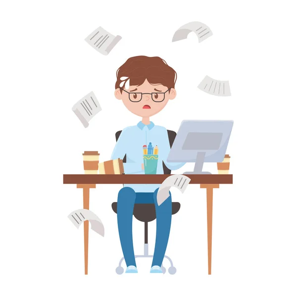 Estresse no trabalho, empresário exausto sentado no escritório — Vetor de Stock