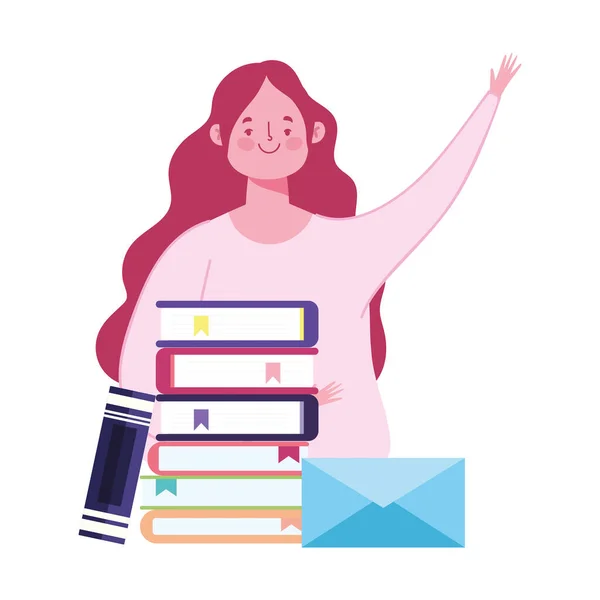 Online εκπαίδευση, γυναίκα εκπαιδευτικός και στοιβαγμένα βιβλία και φάκελος — Διανυσματικό Αρχείο