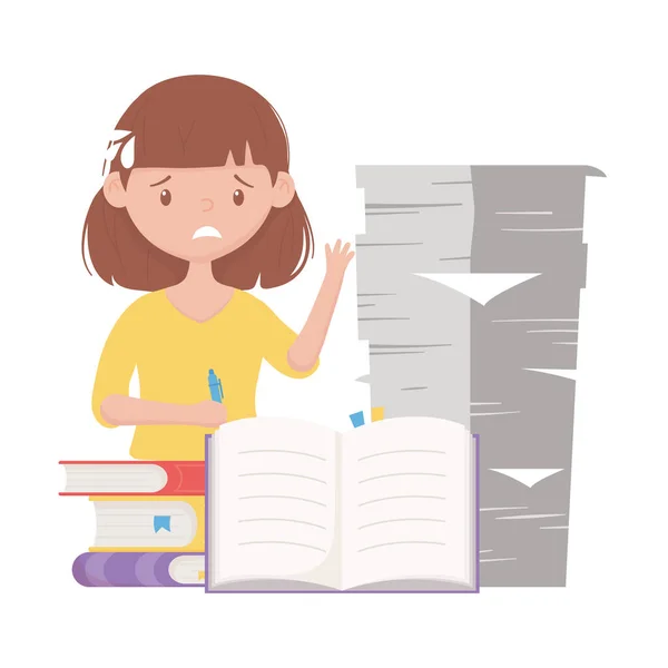 Stressz a munkahelyen, aggódó női alkalmazott stack papírok és könyvek — Stock Vector