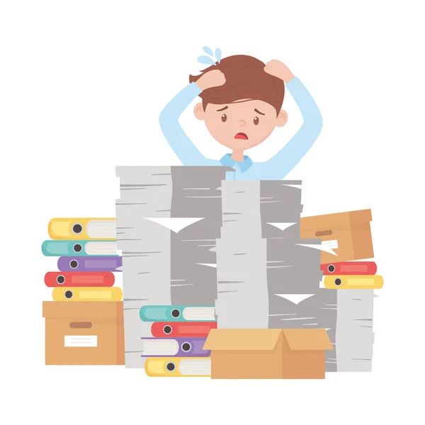 Stress op het werk, bezorgde werknemer met stapel documenten en veel bindmiddelen en dozen — Stockvector