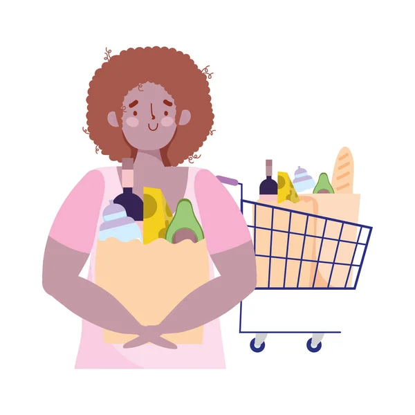 Persone accaparramento acquisto, giovane con carrello supermercato alimentare — Vettoriale Stock