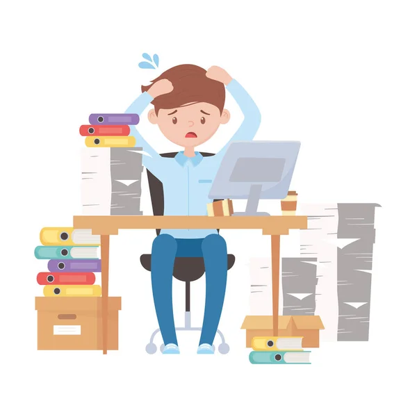 Stress op het werk, uitgeputte zakenman op kantoor — Stockvector