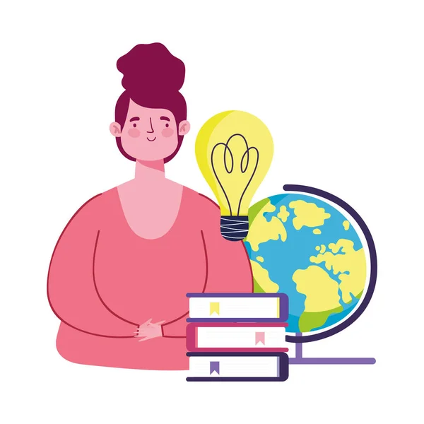 Online εκπαίδευση, δάσκαλος με σχολική σφαίρα βιβλία ιδέα κινουμένων σχεδίων — Διανυσματικό Αρχείο