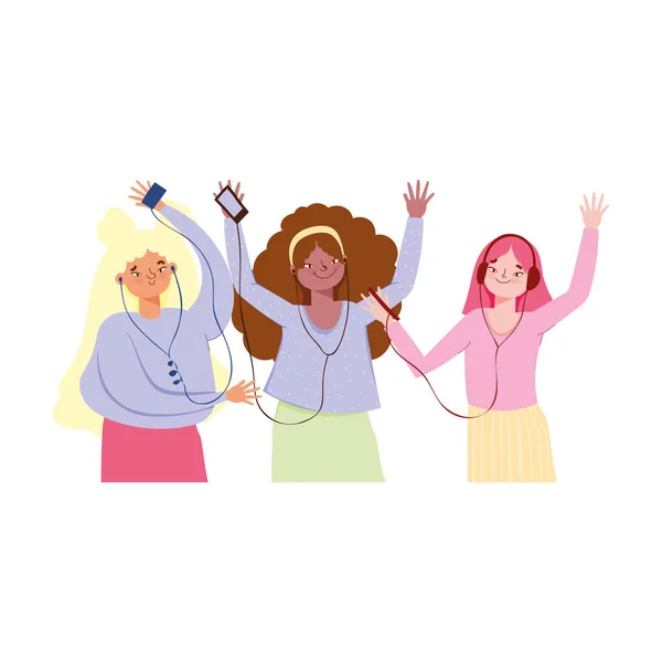 group girls with earphones dancing and listening music