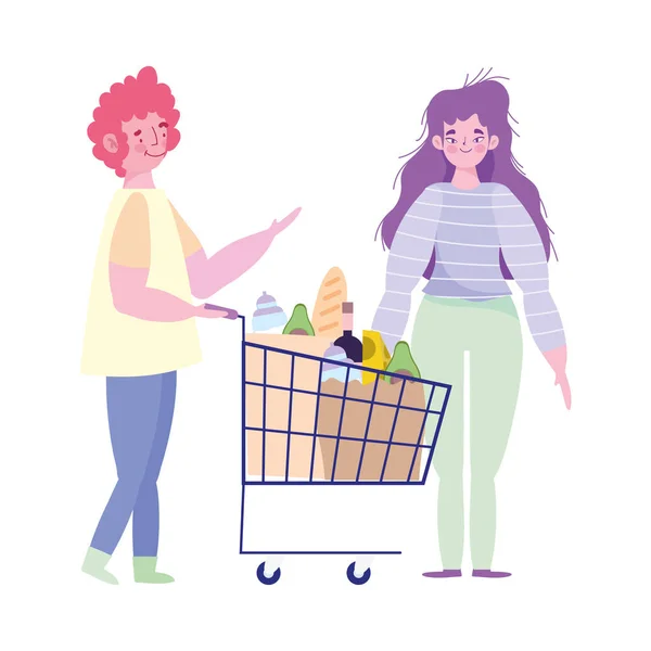 Emberek felhalmozási vásárlás, karakterek bevásárlókosár és táska élelmiszer szupermarket — Stock Vector