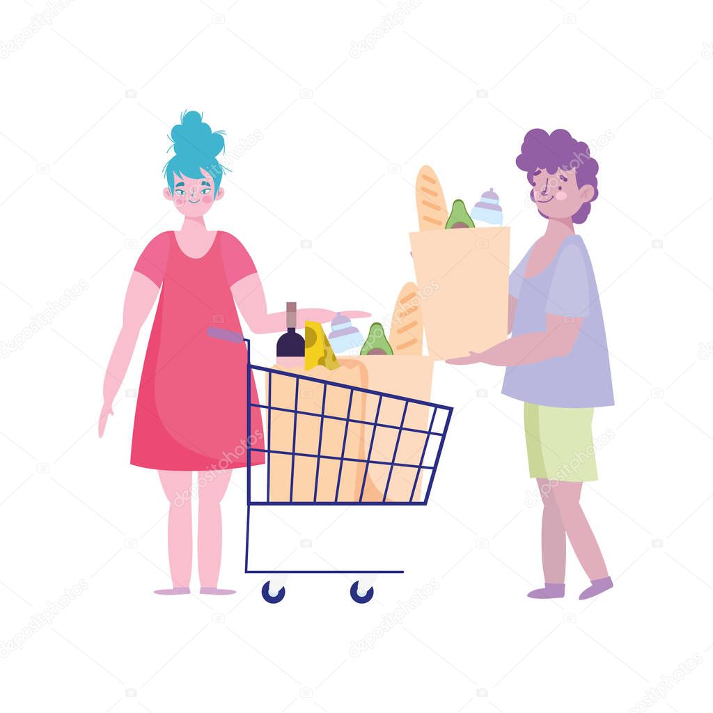 people hoarding purchase, couple characters with shopping cart and bag food supermarket