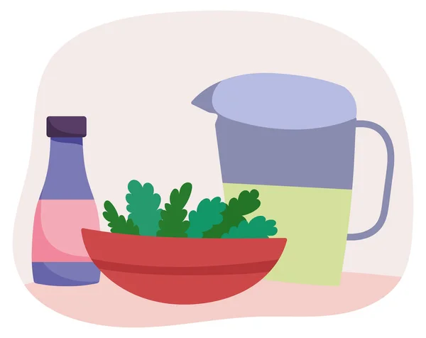 Миска з соку з овочами та пляшками соусу приготування — стоковий вектор