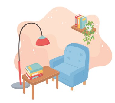 Güzel ev koltuğu kitap yığını Saksı çiçeği lambası