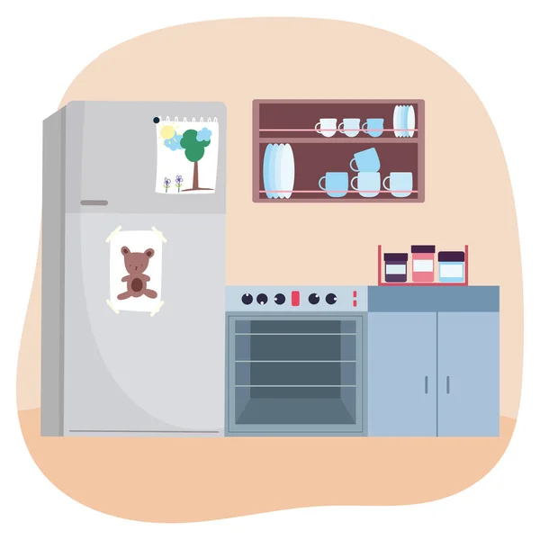 Hűtő tűzhely szekrény összetevők és evőeszközök a polcon főzés — Stock Vector