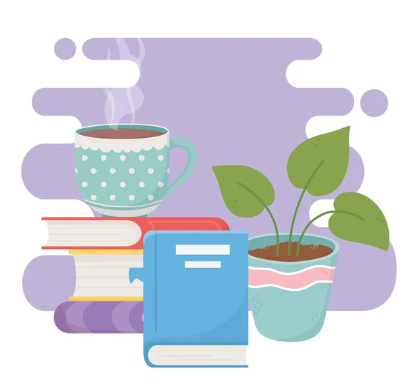 Casa dulce pila de libros maceta planta y taza de café — Vector de stock