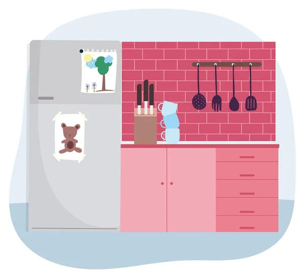 Стопка холодильников с ножами и столовыми приборами — стоковый вектор