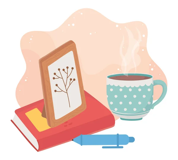 Casa dulce marco libro pluma y taza de café — Vector de stock