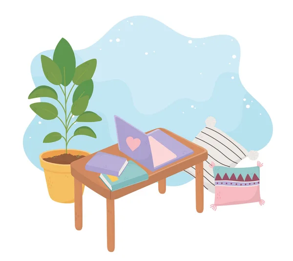 ノートパソコンの本クッションと床に鉢植えの植物と甘い家のテーブル — ストックベクタ