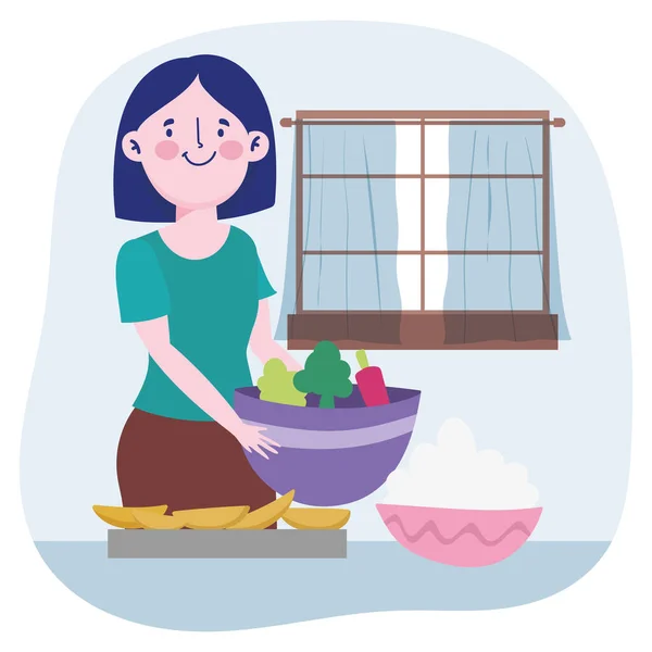 Люди приготовления пищи, женщина с овощной миской десерт и сливки в таблице — стоковый вектор