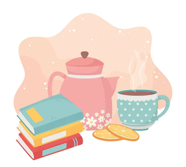 Pilha doce casa de livros chaleira xícara de café laranja fatiada —  Vetores de Stock