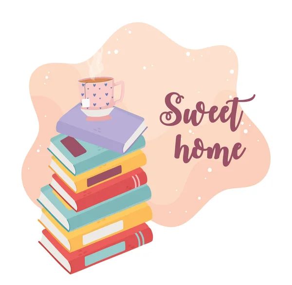 Sweet Home Stapel von Büchern und Teetassendekoration — Stockvektor