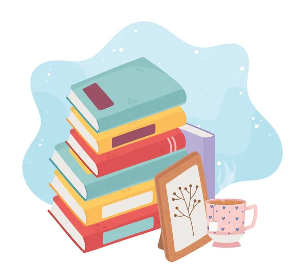 Casa dulce pila de libros taza de té y marco de imagen — Vector de stock