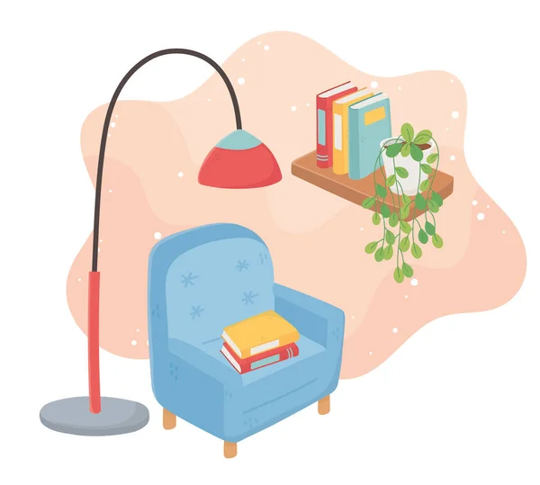 Fauteuil doux à la maison avec lampadaire livres, livres de plantes en pot sur étagère — Image vectorielle
