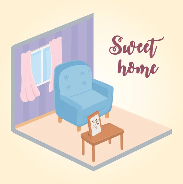 Sweet home armchair table with picture frame window isometric design — Stock Vector