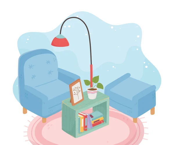 Γλυκό σπίτι πολυθρόνα υποπόδιο γλάστρα Φωτιστικό δαπέδου και χαλί — Διανυσματικό Αρχείο